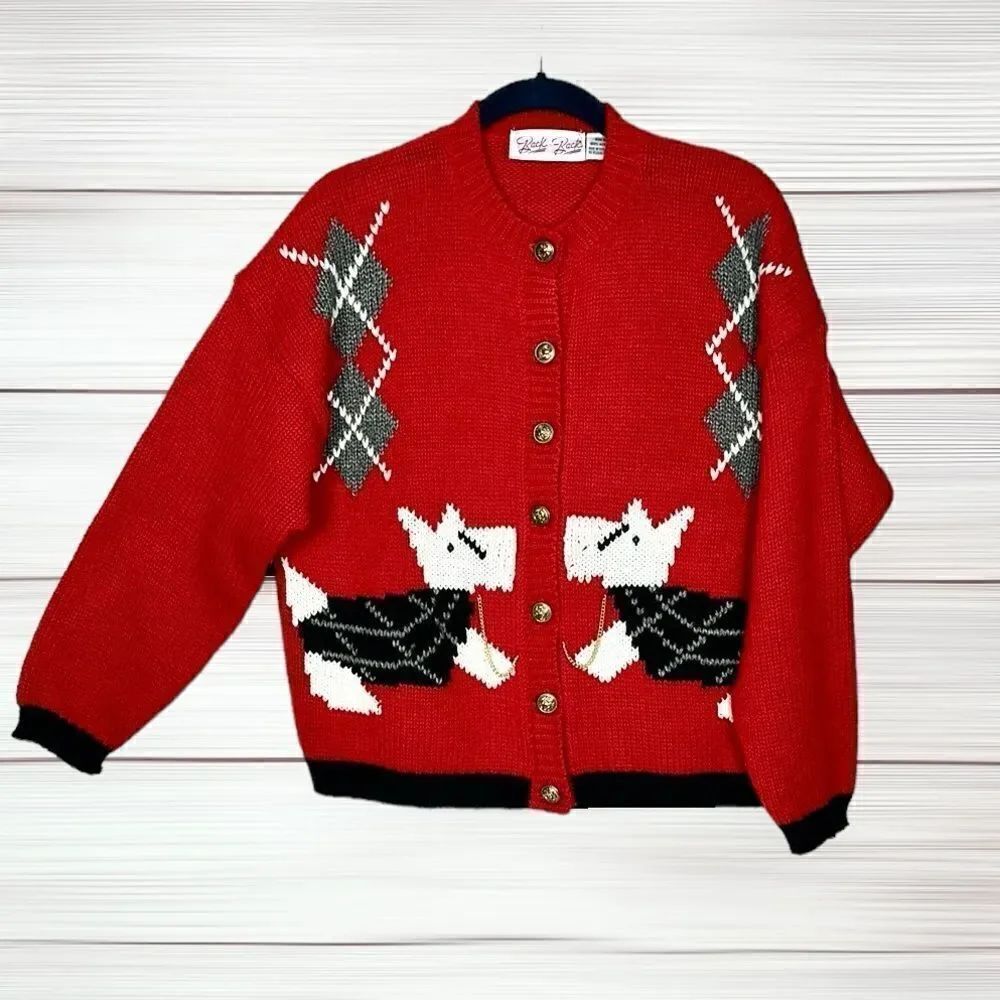 Vintage Scottish Terrier Red Cardigan By Richwil's Back to Back Acrylic Boxy M